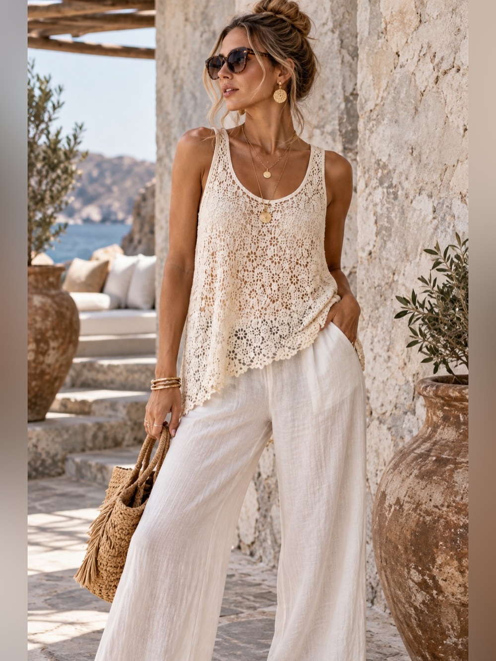 Iris S/M Cream Floral Crochet Lace Tank Top Boho Festival Beach Cover Up